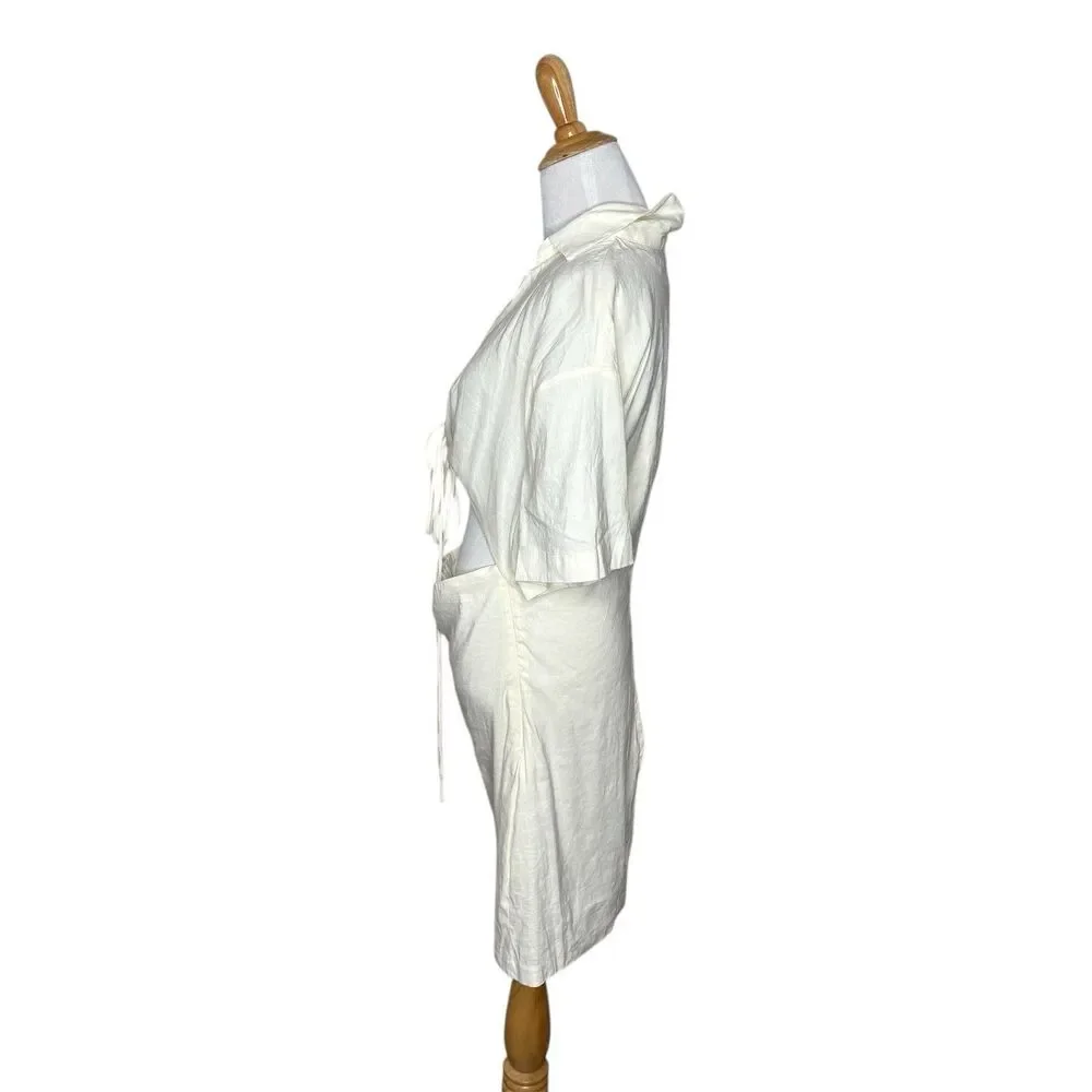 ZARA White Mini Cut Out Short Sleeve Collar Linen Blend Dress Size XL NWOT